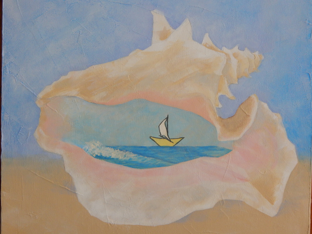 Secret Journey: A painting of a conch shell holding a ship sailing its private ocean