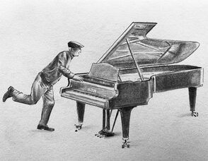 Illustration of an elderly man wheeling a piano as he runs